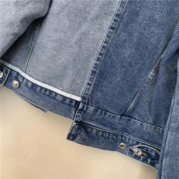 Efteråret Kvinder, Denim Jakke, Mode Print Patchwork revers Casual Jeans Jakke Kvindelige Lomme Løse Korte Jeans, Pels Streetwear