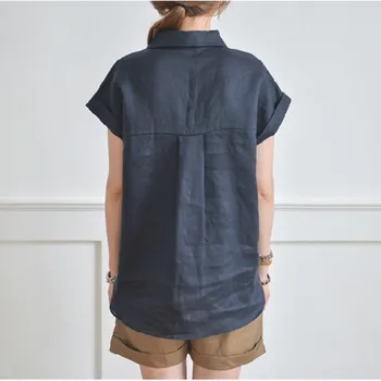 Vogue V-hals Bomuld og Linned Kvindelige Shirt Afslappet Revers Solid Farve Kvinders Bluse om Sommeren Alle matchede Tunika Skjorte