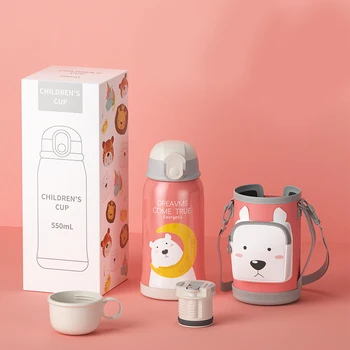 Nyligt Kids Vand Flaske, Termokande Vakuum Isoleret Rustfrit Stål Tegnefilm Termokande med Cup Indehaveren Taske