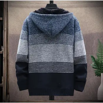 Mænd Hooded Fleece Sweater Jakke Efterår Og Vinter Varm Tyk Lynlås Lomme Patchwork Pels Strikket Casual Mandlige Sweater Slim Fit