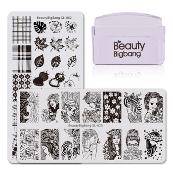 Beautybigbang Stamping Plade Sæt 2 Søm Skabeloner + Gummi Stamper Skrabe Blad Stribet Rose Beauty Butterfly Nail Art Stempel Sæt