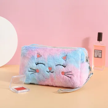 PURDORED 1 Pc Pels Katten Cosmetic Bag for Kvinder Plys Girl Makeup Taske Kvindelige Skønhed Sag Rejser Bærbare Toiletartikler, Makeup Sag Taske 9005