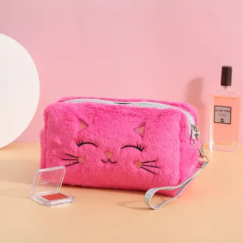 PURDORED 1 Pc Pels Katten Cosmetic Bag for Kvinder Plys Girl Makeup Taske Kvindelige Skønhed Sag Rejser Bærbare Toiletartikler, Makeup Sag Taske