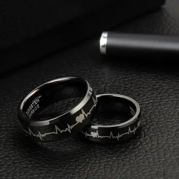 8mm Sort Wolframcarbid Ringe med Hjerteslag, der er Formet til Mænd Højde mængde Engagement Bryllup Bands Størrelse 5-16