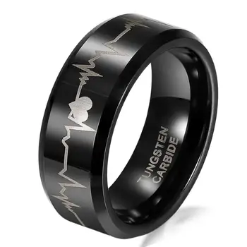 8mm Sort Wolframcarbid Ringe med Hjerteslag, der er Formet til Mænd Højde mængde Engagement Bryllup Bands Størrelse 5-16