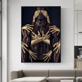 Afrikansk Kunst Sorte Guld Nøgen Mand Kvinde Omfavne Lærred Malerier Væg Kunst, Plakater og Prints Væg Billeder til stuen Cuadros