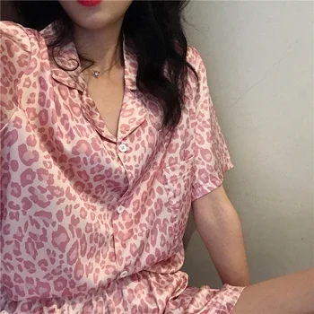 QWEEK Satin Pyjamas Leopard Print Hjem Tøj til Kvinder, Pijama Mujer Silke Pyjamas Løs Nattøj Sexet Sommer Natkjole 2020 916