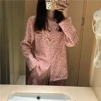 QWEEK Satin Pyjamas Leopard Print Hjem Tøj til Kvinder, Pijama Mujer Silke Pyjamas Løs Nattøj Sexet Sommer Natkjole 2020