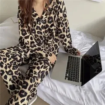 QWEEK Satin Pyjamas Leopard Print Hjem Tøj til Kvinder, Pijama Mujer Silke Pyjamas Løs Nattøj Sexet Sommer Natkjole 2020