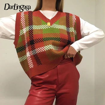 Darlingaga V Hals Vintage Strik Plaid Sweater Vest Løs Mode Efteråret Trøjer uden Ærmer Strik til Kvinder Trøjer koreanske Ny 9161