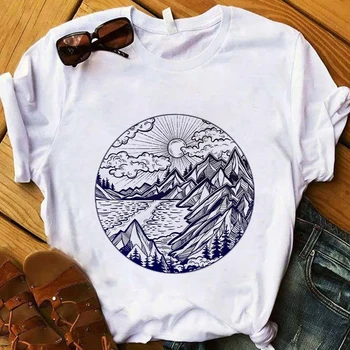Mountain Grafisk Vintage Print T-shirt til Kvinder 2020 Nye Sommer Mode Streetwear Tshirt Harajuku Æstetiske Hvid Top Kvindelige T-Shirt