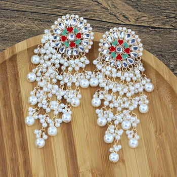 Etniske Smykker Bollywood Traditionelle Indiske Perle Jhumki Øreringe til Kvinder Boheme Stor Lang Kvast Statement Øreringe Arabiske