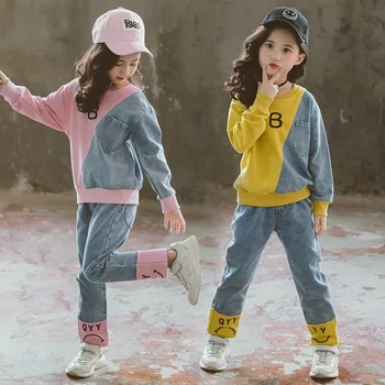 Børn Tøj Sæt af Denim, Syning Træningsdragt +Jeans 2stk Piger' Set 2021 Nye Børn, Sport, Tøj til Piger, Tøj 10-12 År