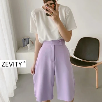 Zevity kvinder candy farve business kneeth længde bukser kvindelige afslappet slank lommer straight bukser kontor pantalones mujer P883