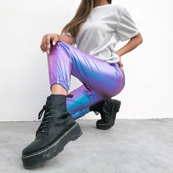 Waatfaak Laser Reflekterende Hip Hop Bukser Kvinder, Høj Talje Harem Bukser Streetwear Lilla Ankel-Længde Bukser Kvindelige Capri 2019