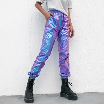 Waatfaak Laser Reflekterende Hip Hop Bukser Kvinder, Høj Talje Harem Bukser Streetwear Lilla Ankel-Længde Bukser Kvindelige Capri 2019
