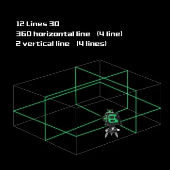 Grøn Blå Rødt Lys Laser-Niveau 12 Linjer Lodret Vandret Linje Lige Measurer Rotere 360 graders Automatisk Nivellering Meter