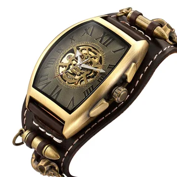 Relogio masculino Automatic Ur Mænd Vintage Bronze Kraniet Mekaniske Armbåndsure Klassiske Cowboy Ur Ægte Læder Strap Watch