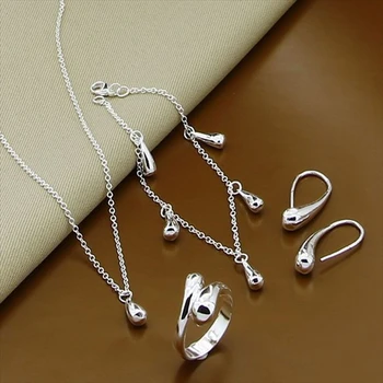 Smykker Sæt 925 Sterling Sølv Mode Vand Drop Lille Halskæde, Armbånd, Øreringe, Ringe-Sæt til Kvinden Bedste Gave