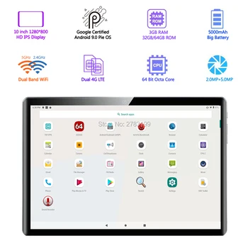 Nyeste 10 Tommer Tablet PC Octa-Core, 4GB RAM, 32 GB ROM Dual SIM 4G LTE Google Android 9.0 GPS Bluetooth-5G WiFi Tablet PC 10.1+Gave
