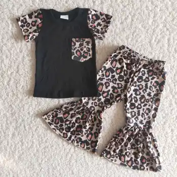 2021 New Baby Girls Clothes Set Leopard Short Sleeve Top Bell-Bottom Toddler Kids Wear