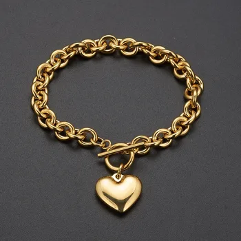 Romantisk Hjerte 8mm Bred Oval Rolo Kæde For Charme Kvinder Armbånd Smykker Rustfrit Stål 7-11 Tommer Sølv Farve Guld Farve