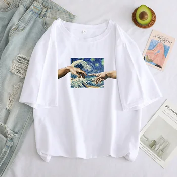 Michelangelo Sjove Tegneserie Print T-Shirts Kvinder Grunge Æstetiske Hånd Grafisk T-shirt i Oversize Tshirt Casual Top-Shirts Tøj