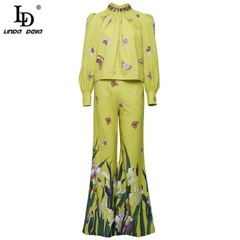 LD LINDA DELLA 2020 Efteråret Landingsbane Fashion Sæt Kvinders langærmet Løs Bluse og Klokke-bottoms Floral-Print-To-piece Suit 9925