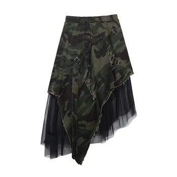 Camouflage Leopard Print-Jeans Nederdel, Plus Size Kvinder Denim Patchwork Mesh Uregelmæssige Nederdele Rippet Tåre Kant Midi-Nederdele 2020 993